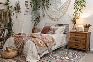 Creative bedroom interior with boho style