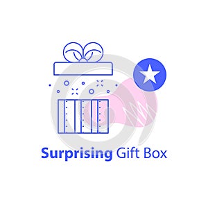 Creative birthday gift, open box, reward prize, earn points and redeem special present, giveaway concept