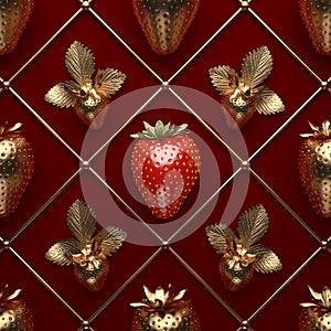 Creative black background with lots of golden strawberries and one natural berry in the center.