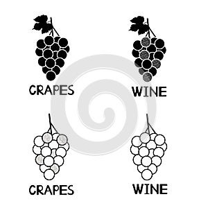 Creative black grapes icons, handwritten words Grapes and Wine.