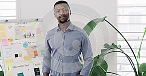 Creative black man, whiteboard and confidence for startup, planning or ideas at workplace. Portrait of confident African