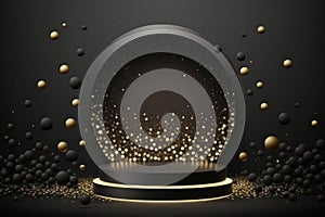 Creative black podium, empty round stage black and gold background with sparkles and bokeh. Minimalism, product showcase