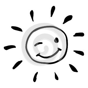 Creative black and white happy winking sun vector illustration.