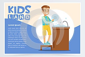 Creative blue card with place for text and cute boy character washing the dishes in tap. Kid doing a home cleanup