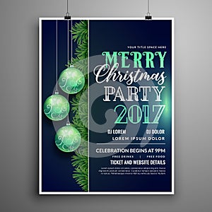 Creative blue christmas party flyer design template with hanging