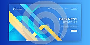 Creative blue landing page website screen part for responsive web design project development. Abstract geometric banner layout