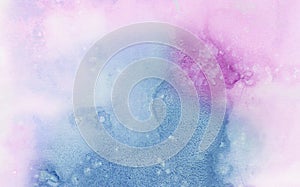 Creative blue, purple and pink shades aquarelle background for vintage card, retro template. Light smudge watercolor paper texture