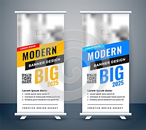 Creative blue and yellow rollup standee banner design photo