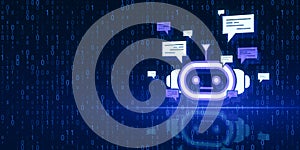 Creative bot hologram on binary coding background with mock up place. Chat GPT and customer service concept. 3D Rendering