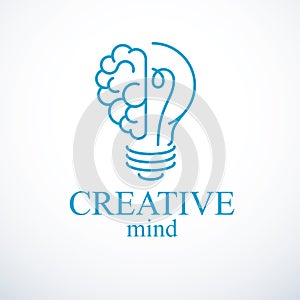 Creative brain concept, intelligent creation vector logo. Light bulb with half of human anatomical brain. Bright mind, thinking
