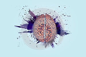 Creative brain explosion with splatter on blue light background. Brainstorming, concept. Think different, creative idea. Brain and