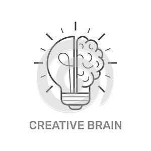 Creative brain flat line icon. Brain and lightbulb vector illustration. Thin sign of innovation, solution, education