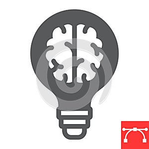 Creative brain glyph icon, idea and lightbulb, creative thinking sign vector graphics, editable stroke solid icon, eps