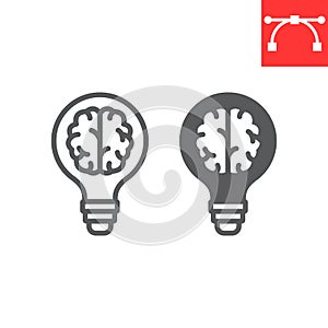Creative brain line and glyph icon, idea and lightbulb, creative thinking sign vector graphics, editable stroke linear