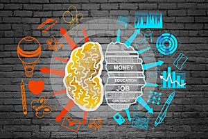 Creative brain sketch with creative and analytical side on brick wall backdrop. Science, mind and creativity concept.