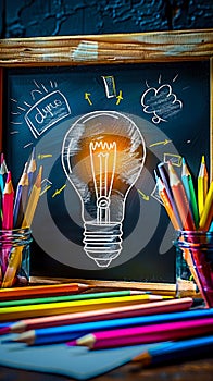 Creative brainstorming concept with a chalkboard illustration of a light bulb and notes, flanked by colorful pencils, symbolizing