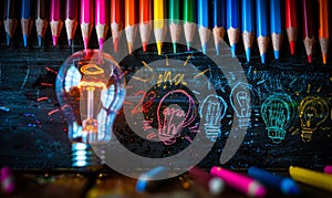 Creative brainstorming concept with a chalkboard illustration of a light bulb and notes, flanked by colorful pencils, symbolizing