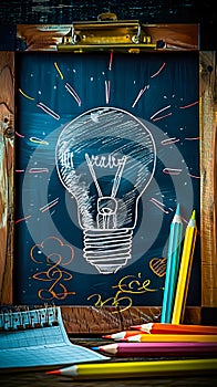 Creative brainstorming concept with a chalkboard illustration of a light bulb and notes, flanked by colorful pencils, symbolizing