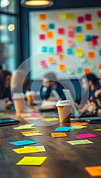 Creative Brainstorming Diverse Team Collaborating on Project with Sticky Notes and Laptops