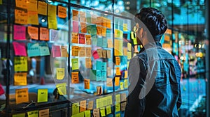 A creative brainstorming session for career rethinking with post-it notes on a glass wall