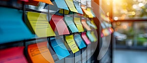 Creative Brainstorming: Vibrant Sticky Notes on Office Glass Wall. Concept Office Decor,