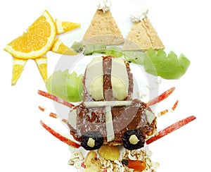 Creative breakfast with fruit and sweet nutella on bread