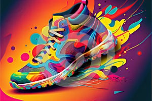 Creative bright colorful sneakers on dark background. Sport footwear and fashion concept. Banner for desigh. Created