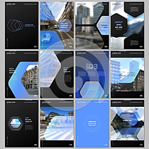 Creative brochure templates with hexagonal design blue color pattern background. Covers design templates for flyer