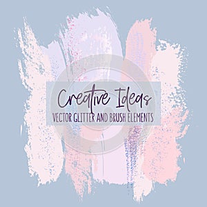 Creative brush strokes glitter elements, blue pink color. Rose shining sparkle simple surface design. Modern design
