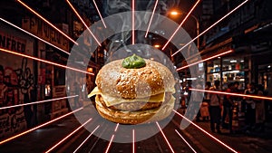 Creative Burger with Neon Light Rays Effect