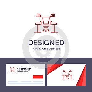 Creative Business Card and Logo template Table, Business, Chair, Computer, Desk, Office, Workplace Vector Illustration