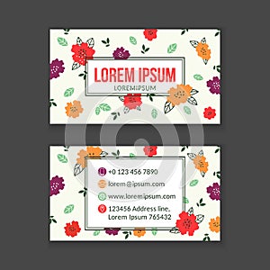 Creative business card template with floral background in flat style