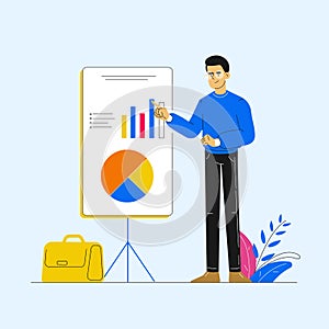 Creative business concept. Confident young business man standing near flip chart and pointing graph and diagram. Presentation.