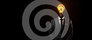 creative business idea, man with black suit and yellow bulb lamp head copy space generative ai