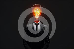 creative business idea, man with black suit and yellow bulb lamp head generative ai