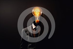 creative business idea, man with black suit and yellow bulb lamp head generative ai