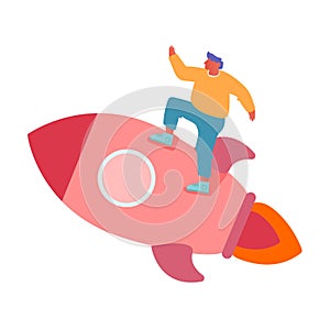 Creative Business Innovation, New Successful Project Startup Concept. Business Man Character Flying on Rocket