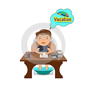 Creative business man sitting at office table and dreaming about vacation