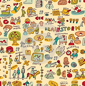 Creative business people color objects and icons seamless pattern