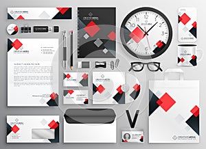 Creative business stationery collateral set in red theme