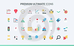 Creative business strategy, project management trendy flat icon set, startup launch, vision