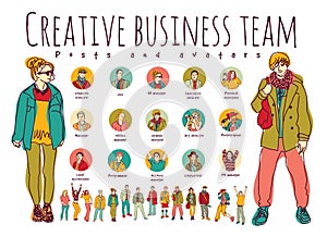 Creative business team posts and avatars icons