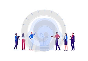 Creative business team work and brainstorm concept. Vector flat person illustration. Multiethnic group of man and woman with