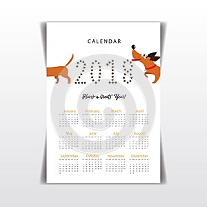 Creative calendar 2018 with cute cartoon dachshund following its