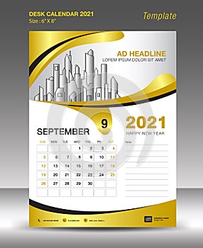 Creative Calendar 2021 template gold background concept, September month, Desk Calendar vector design
