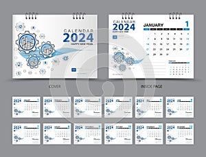 Creative calendar 2024 Set template, Set of 12 Months, desk calendar 2024, Planner, Week starts on Sunday, Stationery design, Wall