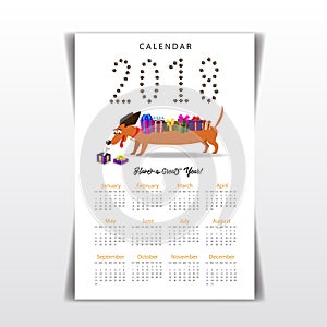 Creative calendar with cute cartoon dachshund with gifts