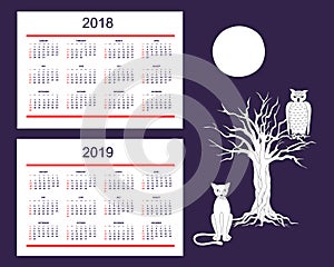 Creative calendar with drawn night animals for wall year 2018, 2