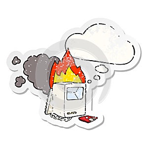 A creative cartoon broken computer and thought bubble as a distressed worn sticker