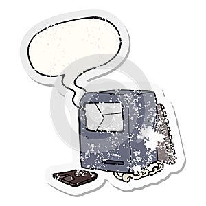 A creative cartoon broken old computer and speech bubble distressed sticker
